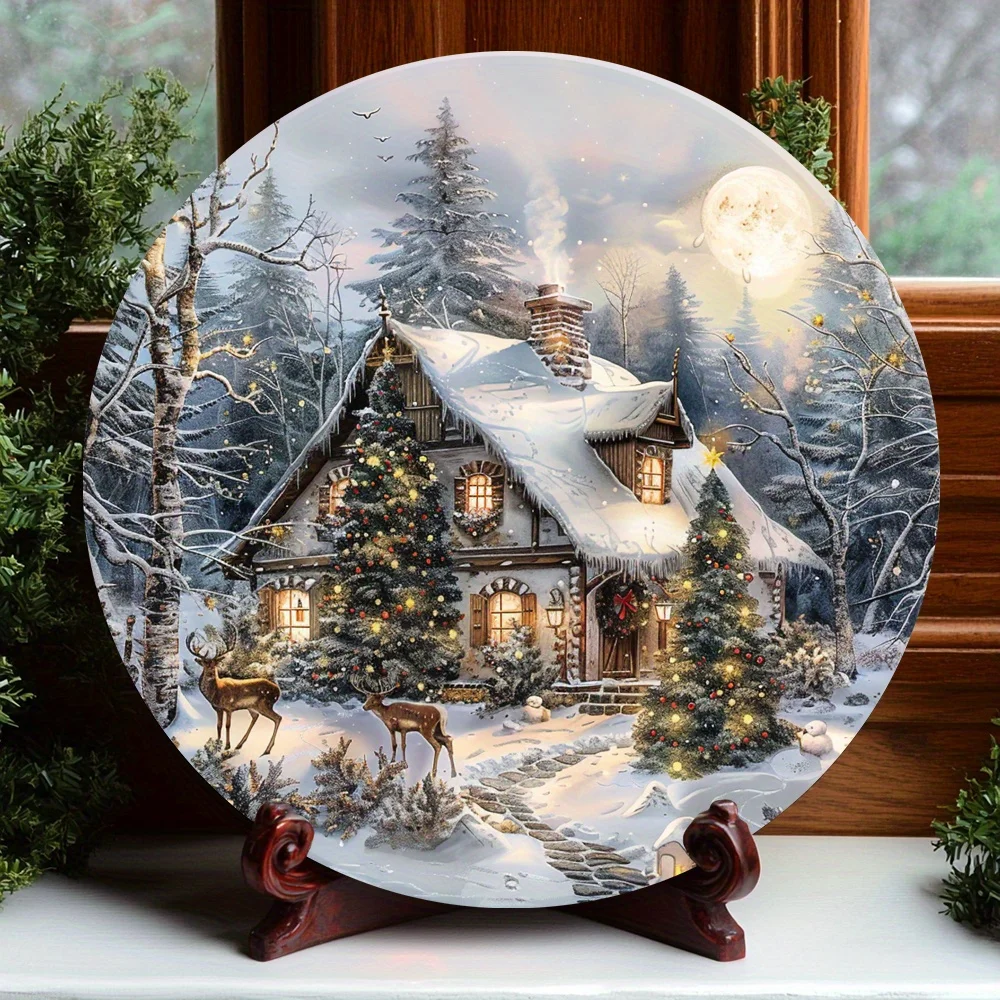 Cozy Christmas Cottage 2D Round Aluminum Wall Plaque: 8x8 Inch, HD Print, Waterproof, Pre-Drilled, 3D Effect, Festive Holiday De