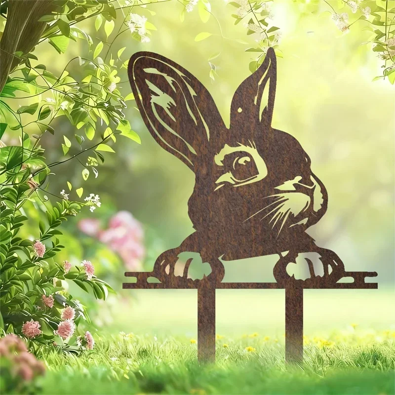 【2D Flat】Rusty Metal Rabbit Garden Stake – Vintage Farmhouse Outdoor Decor with Realistic Eyes – Easy Ground Insert for Yard