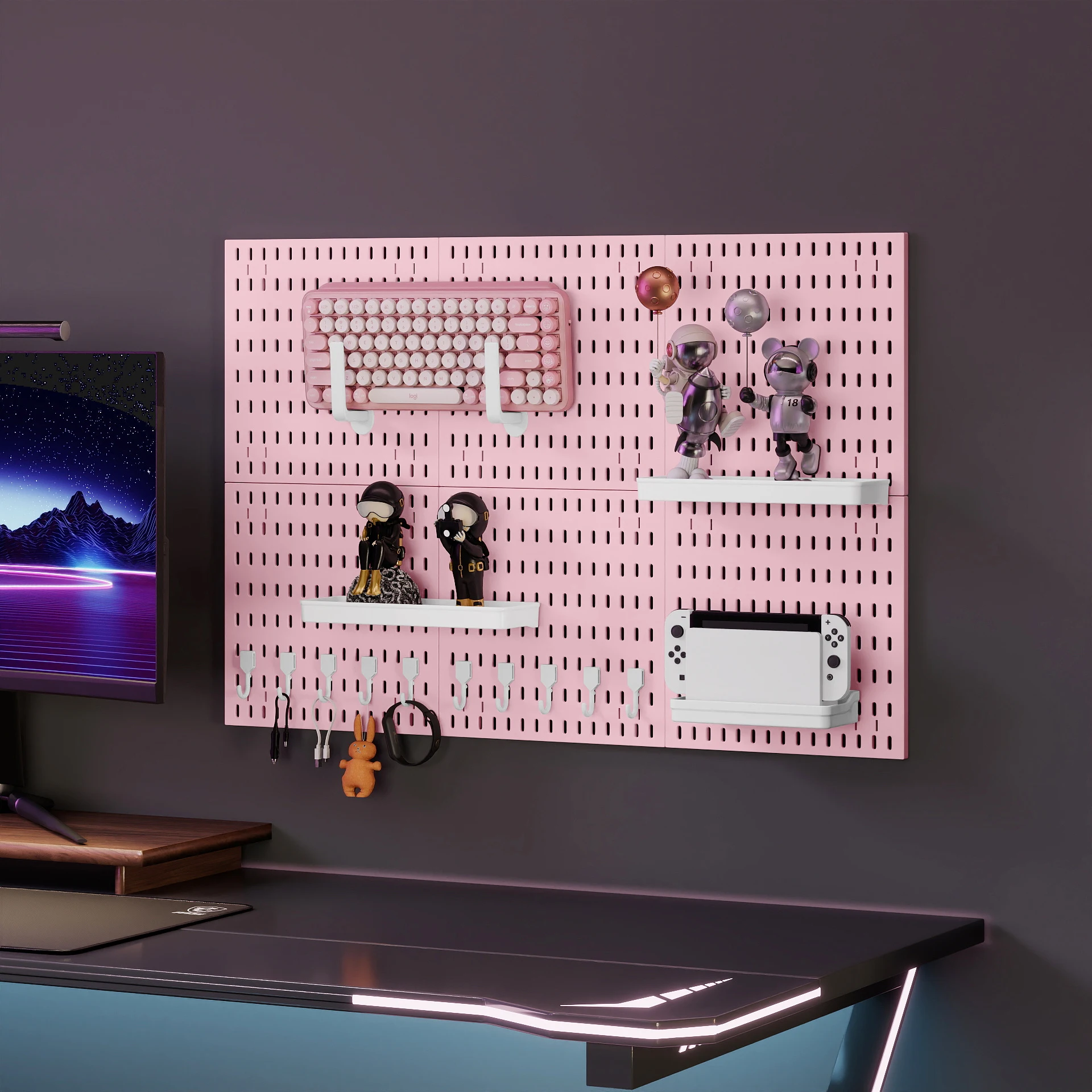 No Drill Pink Wall Mount Pegboard Organizer Combinable Display Shelf for Teen Girl Gaming Room Game Toy Ornament Storage