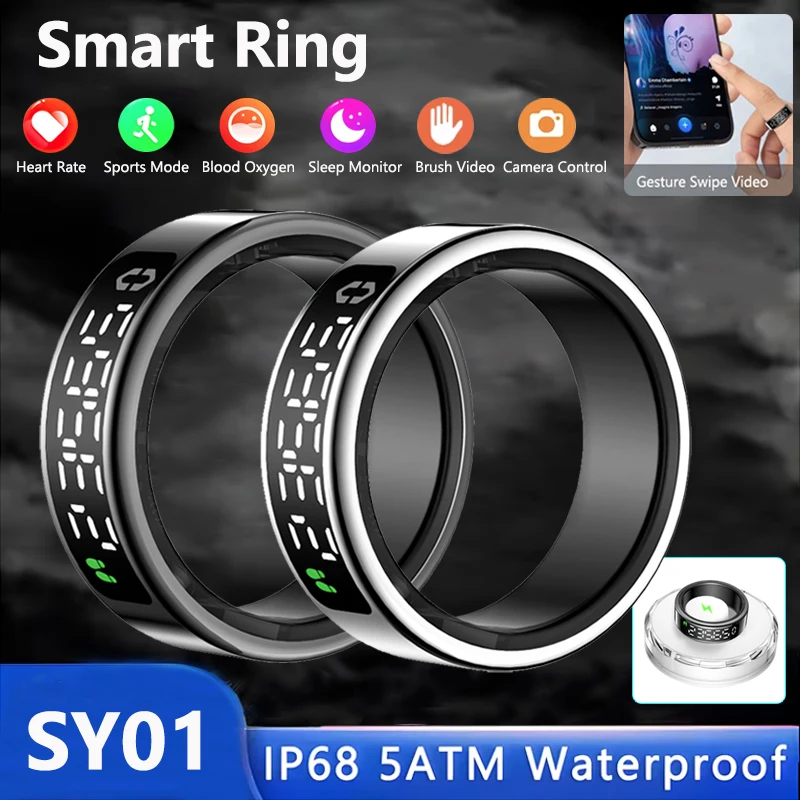 LED Display Screen Smart Ring For Men Heart Rate Blood Oxygen Sleep Monitor Brush Video 5ATM Waterproof Multi Sports Mode Ring