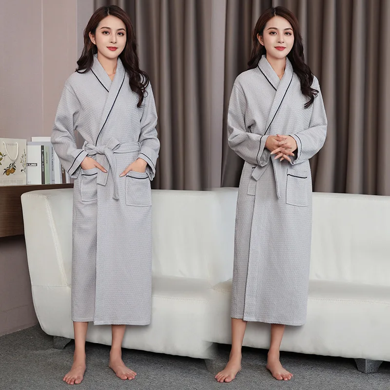 Female Long Kimono Bathrobe Gown Spring Autumn Waffle Cotton Robe Sleepwe Loose Casual Home Dress Loungewear with Pockets