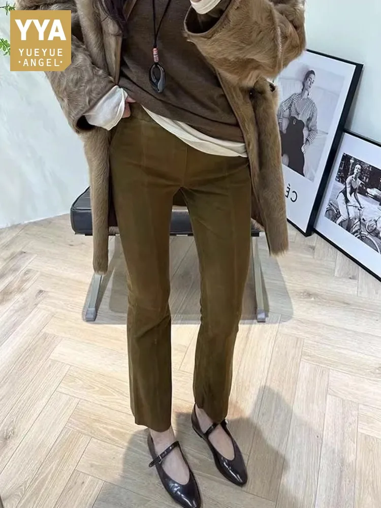 Fashion Women Autumn New Real Suede Leather Pants Slim Fit Ankle Length Stretchy Trousers Female Genuine Leather Straight Pants