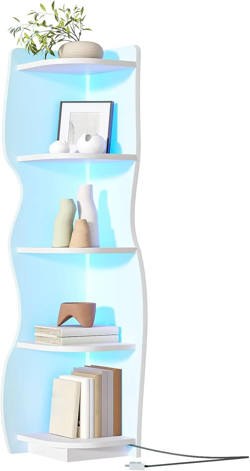 

Corner Shelf with Light Modern Corner Bookshelf, Stylish Display Bookcase Wooden Open Book Shelf Storage Rack for Small Spaces