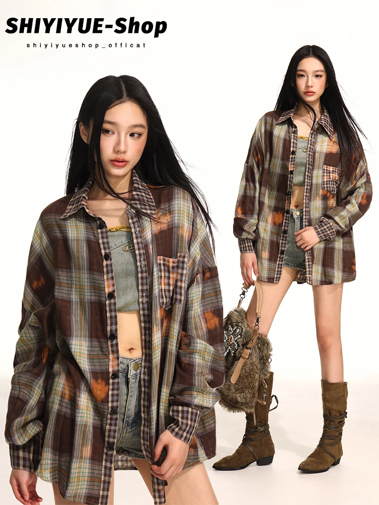 

Retro Casual Plaid Long Sve irt Jaet Women's Autumn Winter Design Sense Splicing Color Colion Sunscreen irt