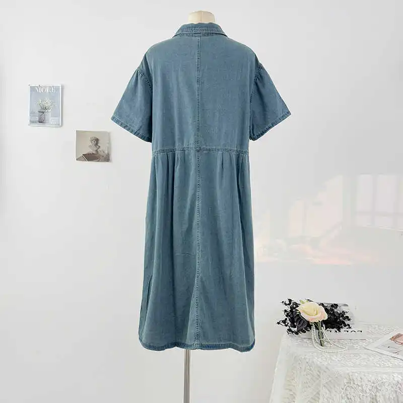 Frauen Retro Kurzarm Denim Kleid Sommer Neue Blau drehen-unten Kragen Einreiher Mittlere Länge Lose Shirts Kleider dame