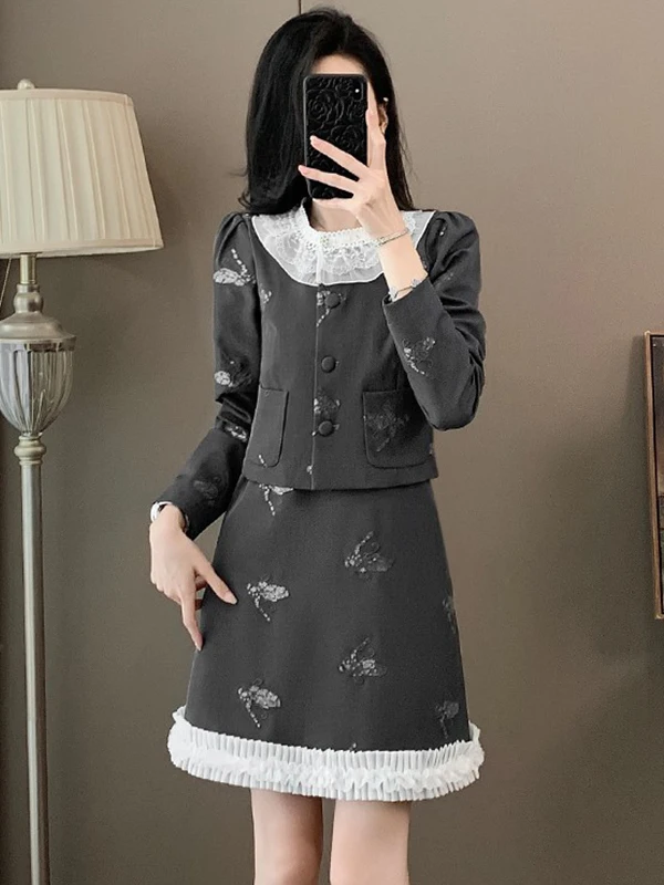 

Elegant Casual Women's Outfit Long Sleeve Dress And Jacket Set Gray Two Piece Suit Autumn Fashion Ensemble Polyester Fiber