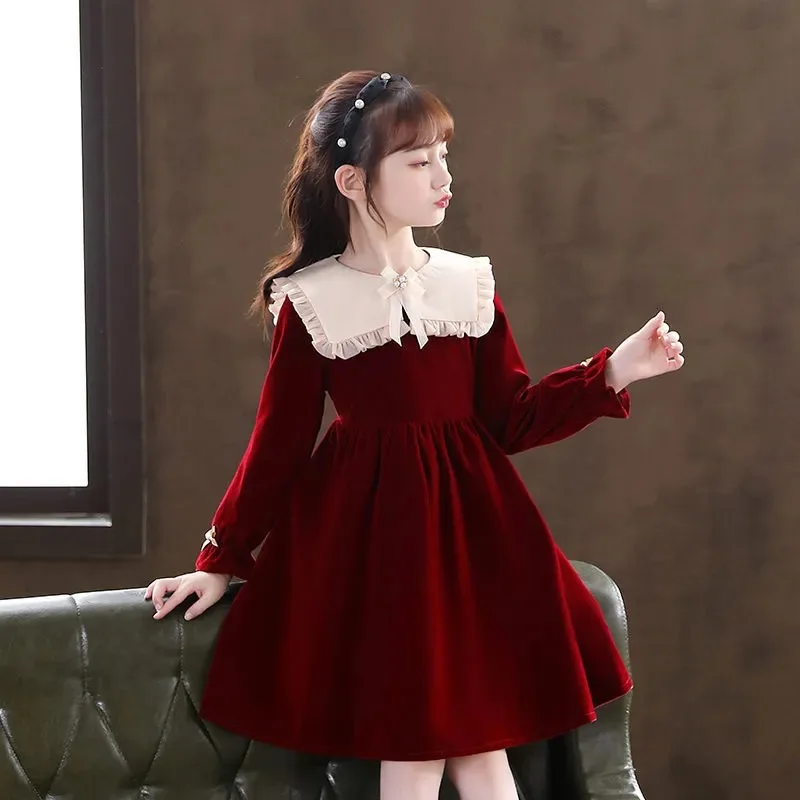 European Winter Autumn Girls Clothes Retro Teens Sailor Lace Collar Uniform Child Princess long Dress 5 6 7 8 9 10 12 14Year