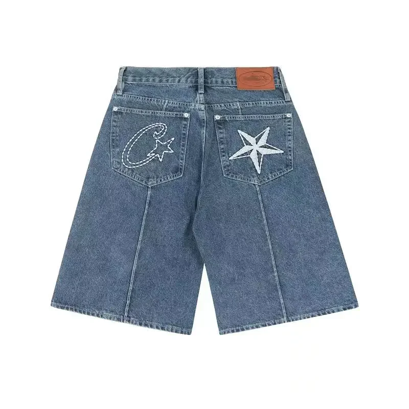 Alcatraz Embroidery, Five-pointed denim shorts, Men's Summer High Street, loose casual quarter pants, y2k