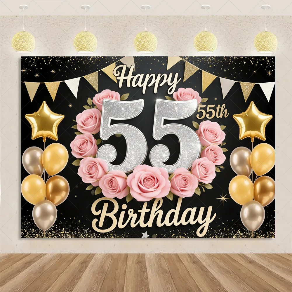 Happy 55th Birthday Backdrop Supplies Black Gold Balloon 55 Years Old Background Ribbon Party Decoration Photo Shoot Prop Banner