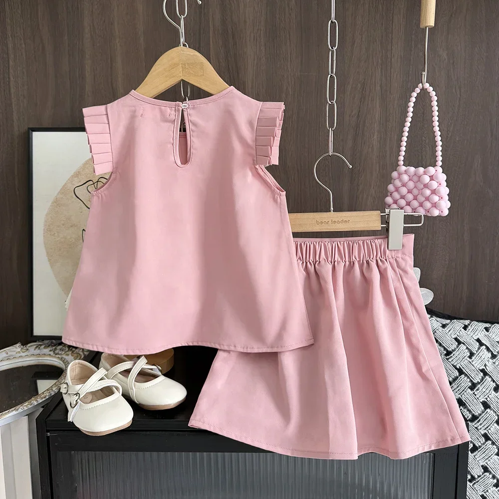 Pink Three-dimensional Flower Vest Top+short Skirt Two-piece Set for Girls' Casual Suit for Children Aged 4-7 Summer Promotion