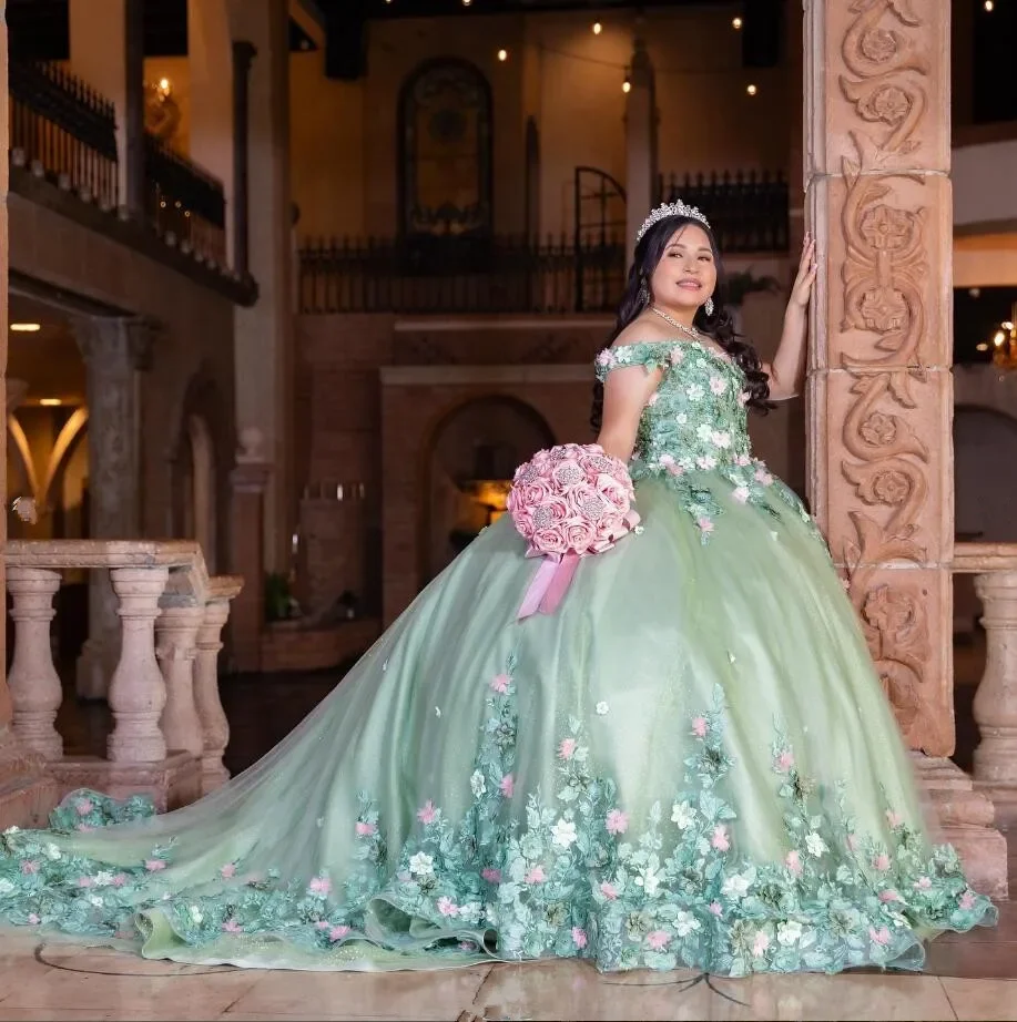 

Princess Mint Green Ball Gowns Quinceanera Dresses 3D Floral Applique Off Shoulder Puffy Skirt Corset vestidos de 15 años Custom