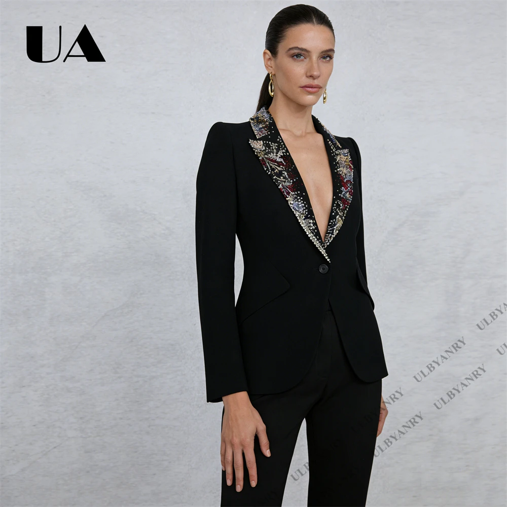 ULBYANRY 2026S Spring Women’s Black Suit Set Beaded Lapel Wrap Blazer Tailored Pants Work Date Event Set (Size S - XXL)