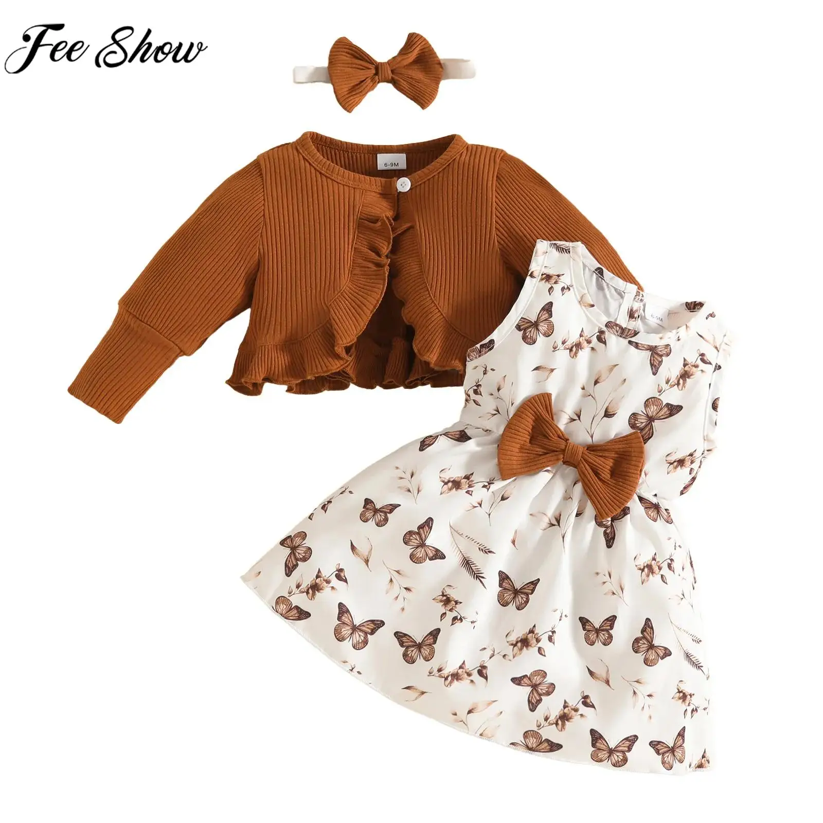 

Милый наряд на весну и осень для маленьких девочек, кардиган с длинными рукавами, шаль с платьем с цветочным принтом для Рождества, дня рождения, дня школы