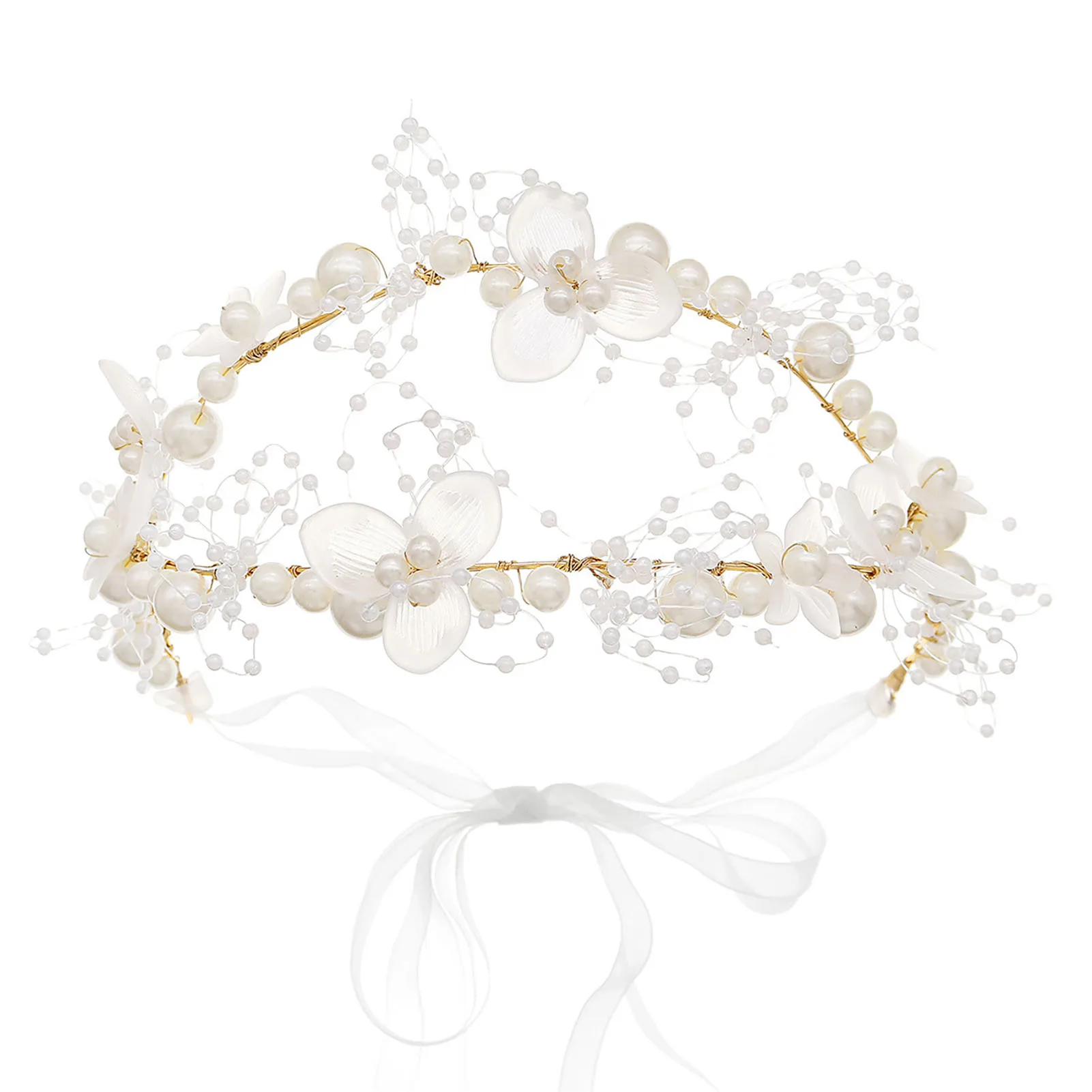 Flower Hairband for Women Gentle Color Flower Pearl Headdress with Ribbon for Festival Wedding Party Head Decor