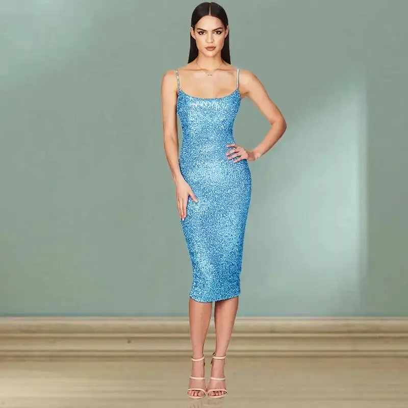 

Banquet Elegant Medium Long Slim Temperament Sequined Backless Suspender Dress Spring And Summer New Design Women's Cl