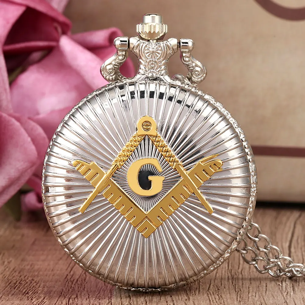 Masonic Themed Quartz Pocket Watch with Chain Quartz Analog Vintage Pendant Pocket Clock Souvenir Gift for Freemason