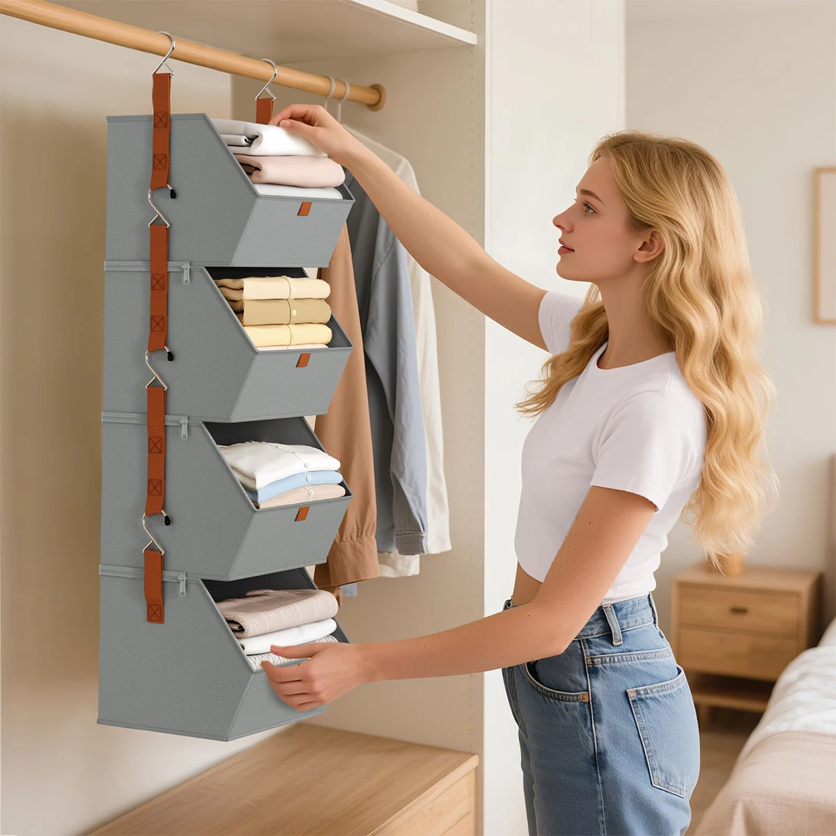Hanging Closet Organizer 4 Tier - Clothes Hanging Shelves, Space-Saving Closet System, Storage Bins Bedroom Organization