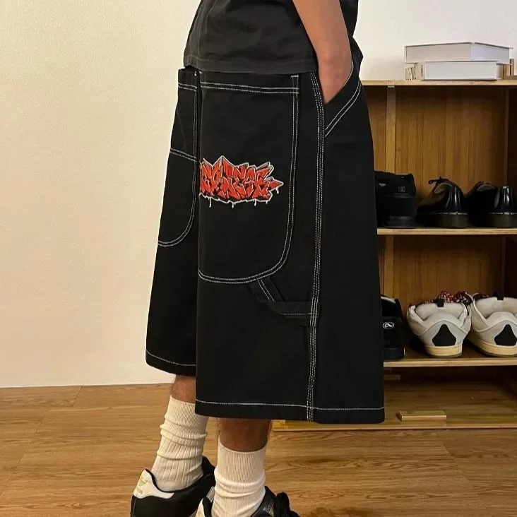 Jnco-pantalones cortos de mezclilla de hip hop para hombre, pantalones de monopatín de calle alta, patrón bordado, pantalones de pareja, pantalones