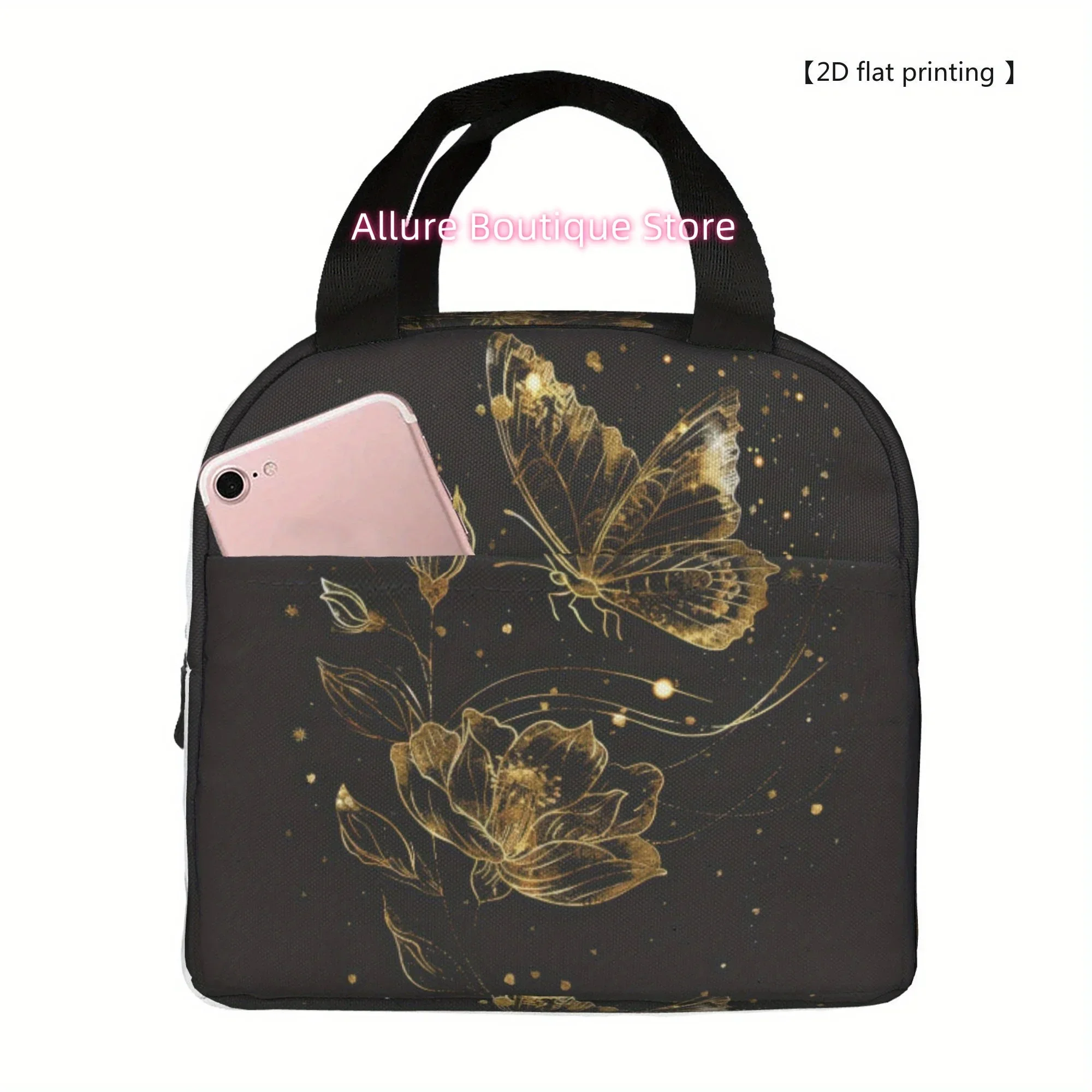 1pc [2D Flat Printing]Golden Butterfly Design Portable Reusable Cooler Bag, Featuring a Top Handle, Ideal for Lunch, Suitable fo