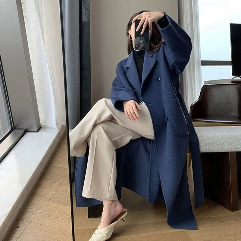 Autumn Winter Women Woolen Cloth Coat Warm Long Length Double Breasted Navy Blue Female Elegant Outerwear Loose Belt Overcoat