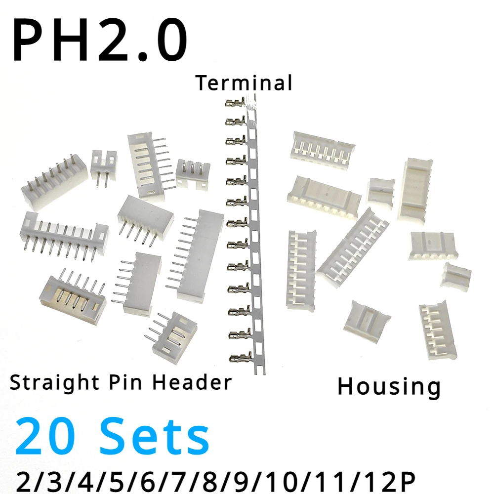 20 Sets PH Connector 2.0mm Pitch Horizontal Straight Pin Header + Housing + Terminal 2/3/4/5/6/7/8/9/10/11/12P