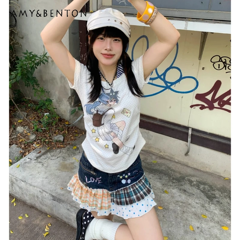

New Cartoon Animation Polka Dot Big Neckline Women's T-shirt Blue White Striped Fake Two Pieces Age Reduction T-shirts Ladies