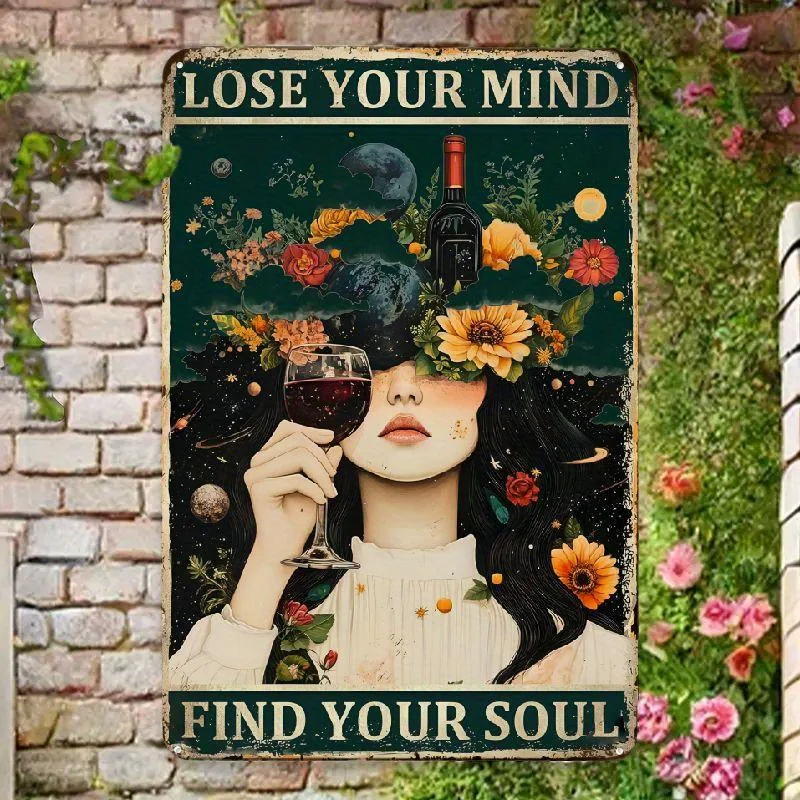 Décoration murale vintage bohème en métal - Plaque rétro « Lose Your Mind, Find Your Soul » avec motifs cosmiques et floraux, idéale pour la maison et le bureau