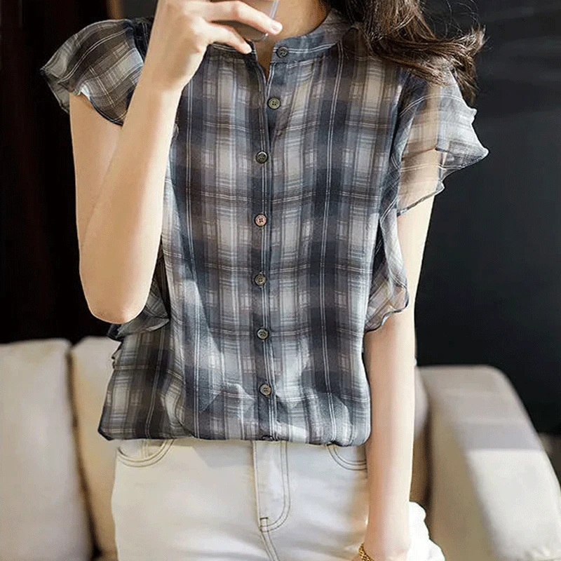 

Elegant Halo Dyed Plaid Ruffle Fly Sleeve Women's Summer Korean Plaid Printed Round Neck Panel Single Breasted Korean Commuter