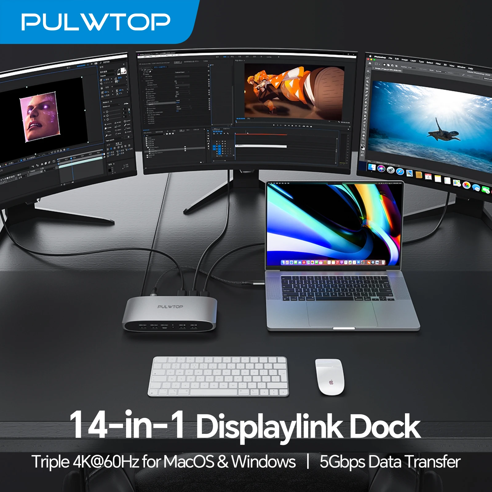 PULWTOP Displaylink Docking Station with 2 HDMI 4K@60Hz, 2 Display Port, PD, USB C Data, 4 USBA, Ethernet, Audio