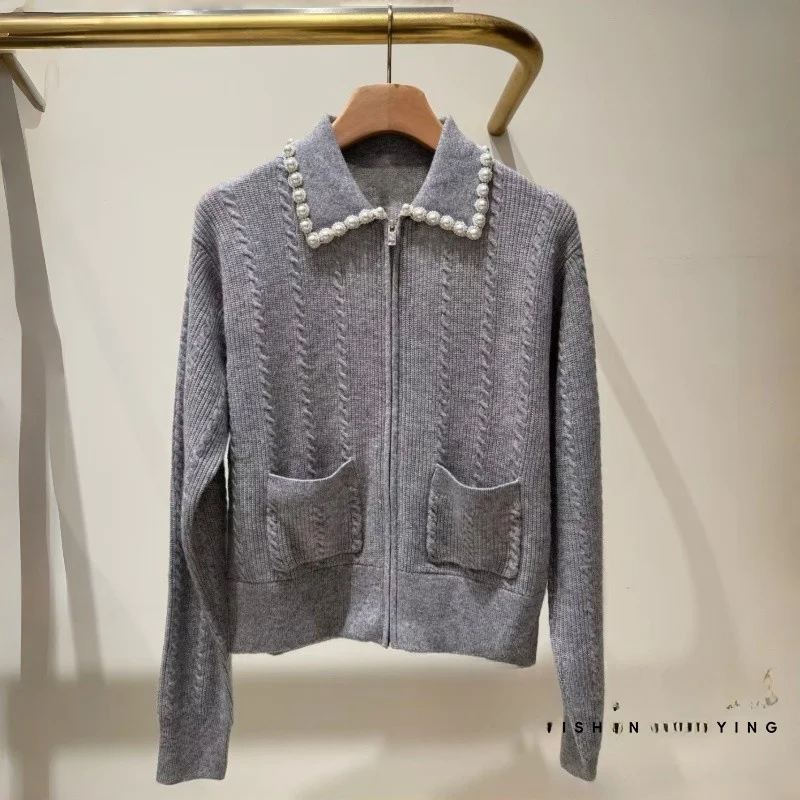 

Вязаный открытый кардиган с воротником-молнией, женский многослойный дизайн с бусинами, осень-зима, Новое поступление, французский ...