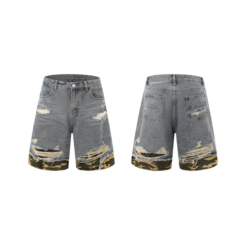 Men's Distressed Ripped Denim Short Sleeve Shirt Shorts Set 2 Piece Summer Streetwear Vintage Camo Patchwork Washed Jean Outfits view 6