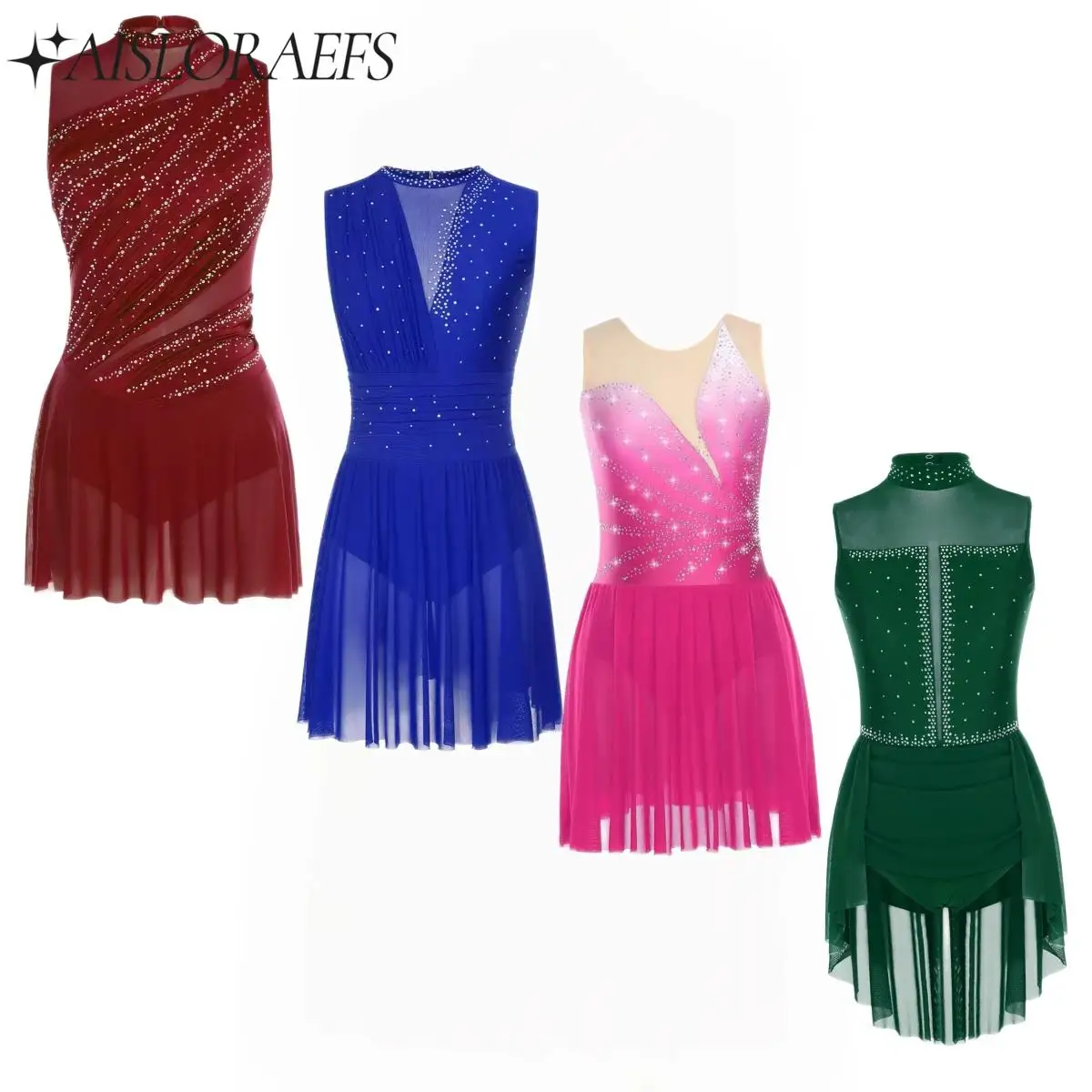 Womens Sleeveless Gymnastics Figure Skating Costume Ballet Lyrical Dance Dress Rhinestone Leotard Dress for Stage Performance