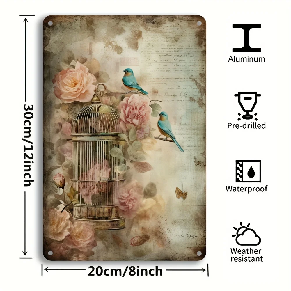 Décoration murale en fer avec trous pré-percés, cage à oiseaux vintage et oiseau bleu avec poubelle, adaptée à la maison et au jardin, 1PC