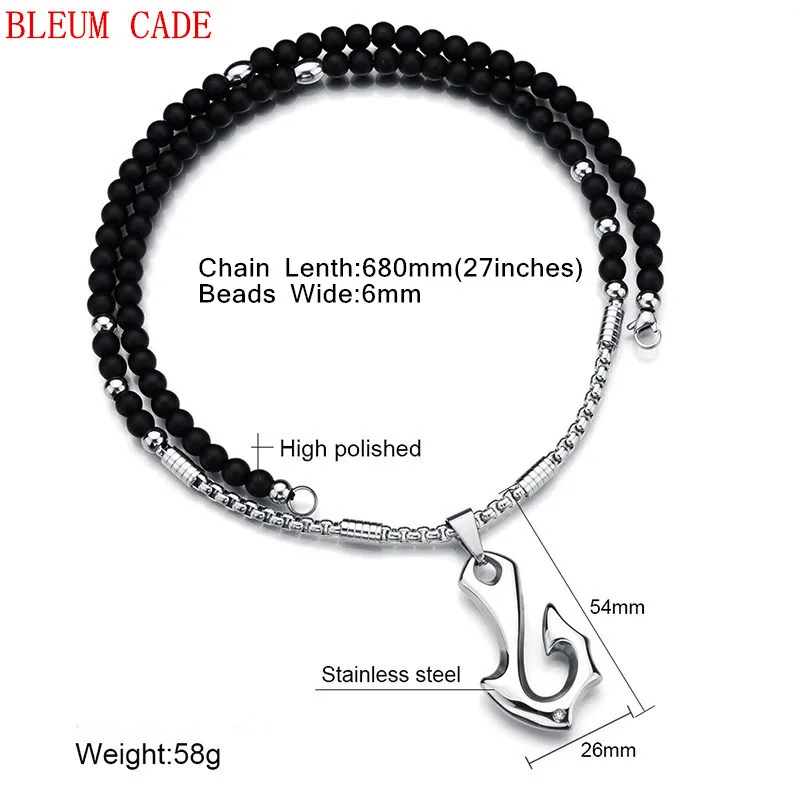 Punk Silver Stainless Steel Wolf's Fang Pendant Necklaces Link Chain with Black Lava Stone Strand Bead Amule Necklace Men