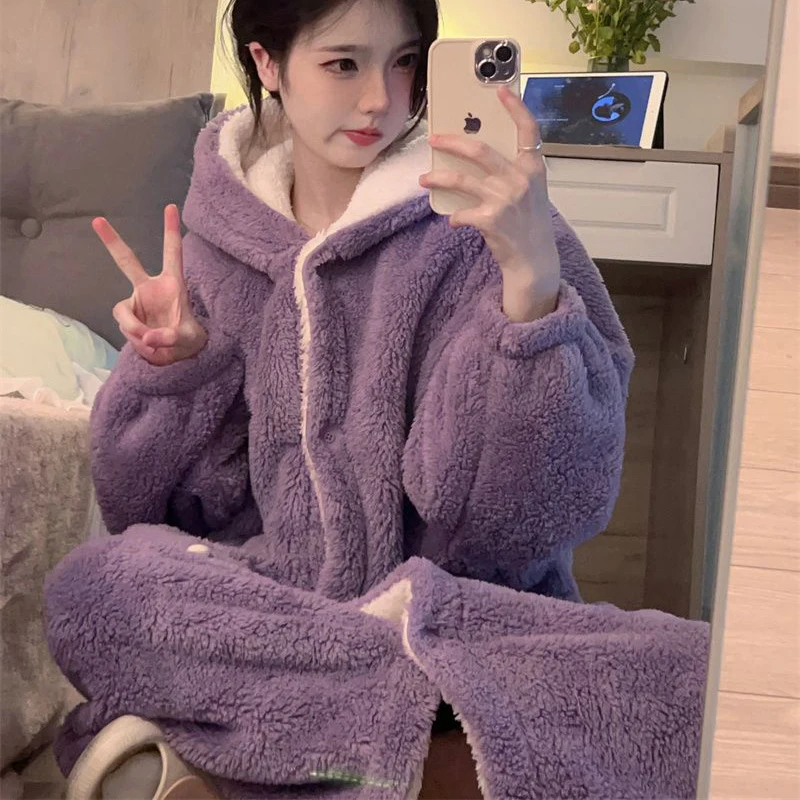 Cute Robe for Women Sleepwear Nightdress Winter Night Wears Warm Fleece Pajama One Piece Nightgown Hooded Long Sleeve Homewear image 4