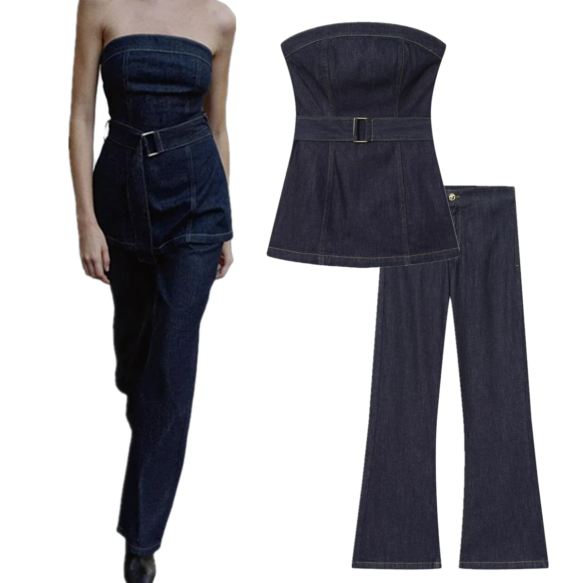 

Dave&Di Французский элегантный минималистичный темно-синий джинсовый корсет, топы, расклешенные джинсы с высокой талией, комплекты джинсовых брюк, комплект из двух предметов, женский костюм