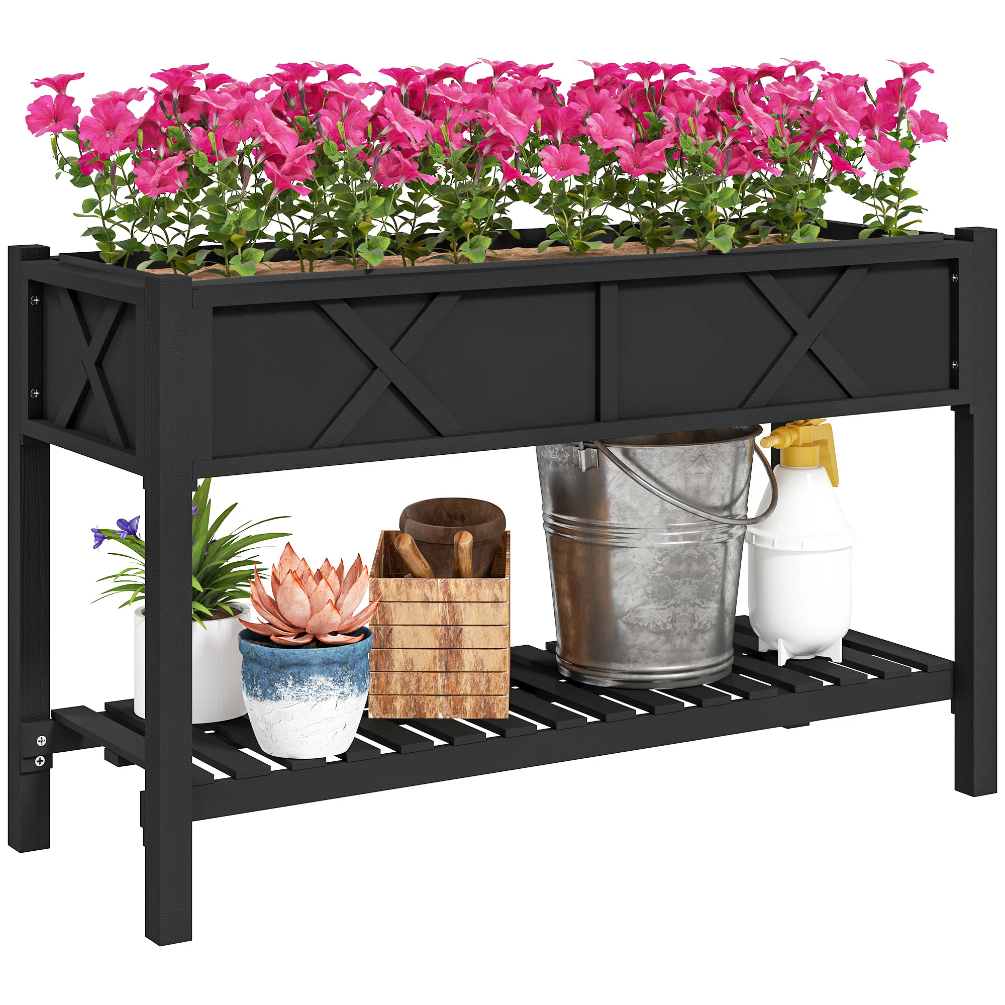 Wooden Raised Planter Box, 47 X 22 X 31.5 in Raised Flower Bed with Storage Shelf, Drainage Holes, and Liner, Black