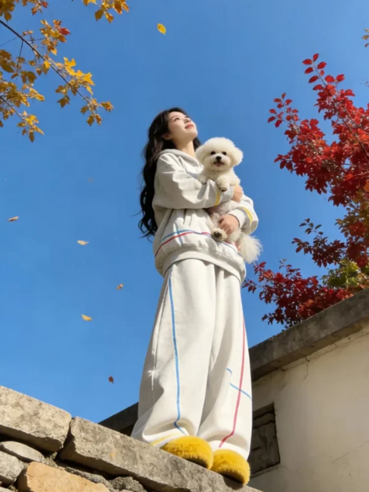 Ensemble de vêtements de sport à capuche imprimé fil irrégulier coloré, manches longues, ample, deux pièces, pour hommes et femmes, décontracté, automne hiver