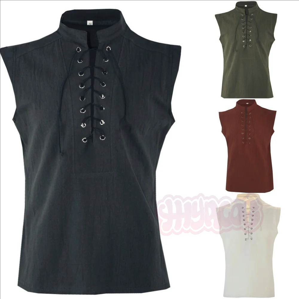Conjunto de Cosplay de Guerreiro Medieval Renascentista, Camisa Sem Mangas, Colete Solto e Bata para Homens