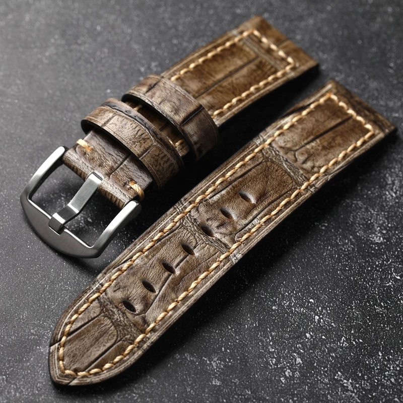 Handmade Brown Bamboo Pattern Genuine Leather Strap 20MM 22MM 24MM 26MM Vintage Style Head Cowhide Bracelet