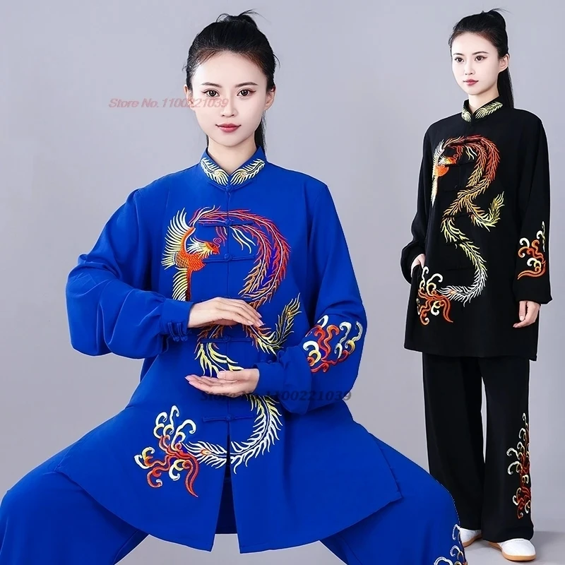 

2025 chinese tai chi uniform traditional wushu kungfu suit phoenix embroidery martial arts wing chun training morning exercise
