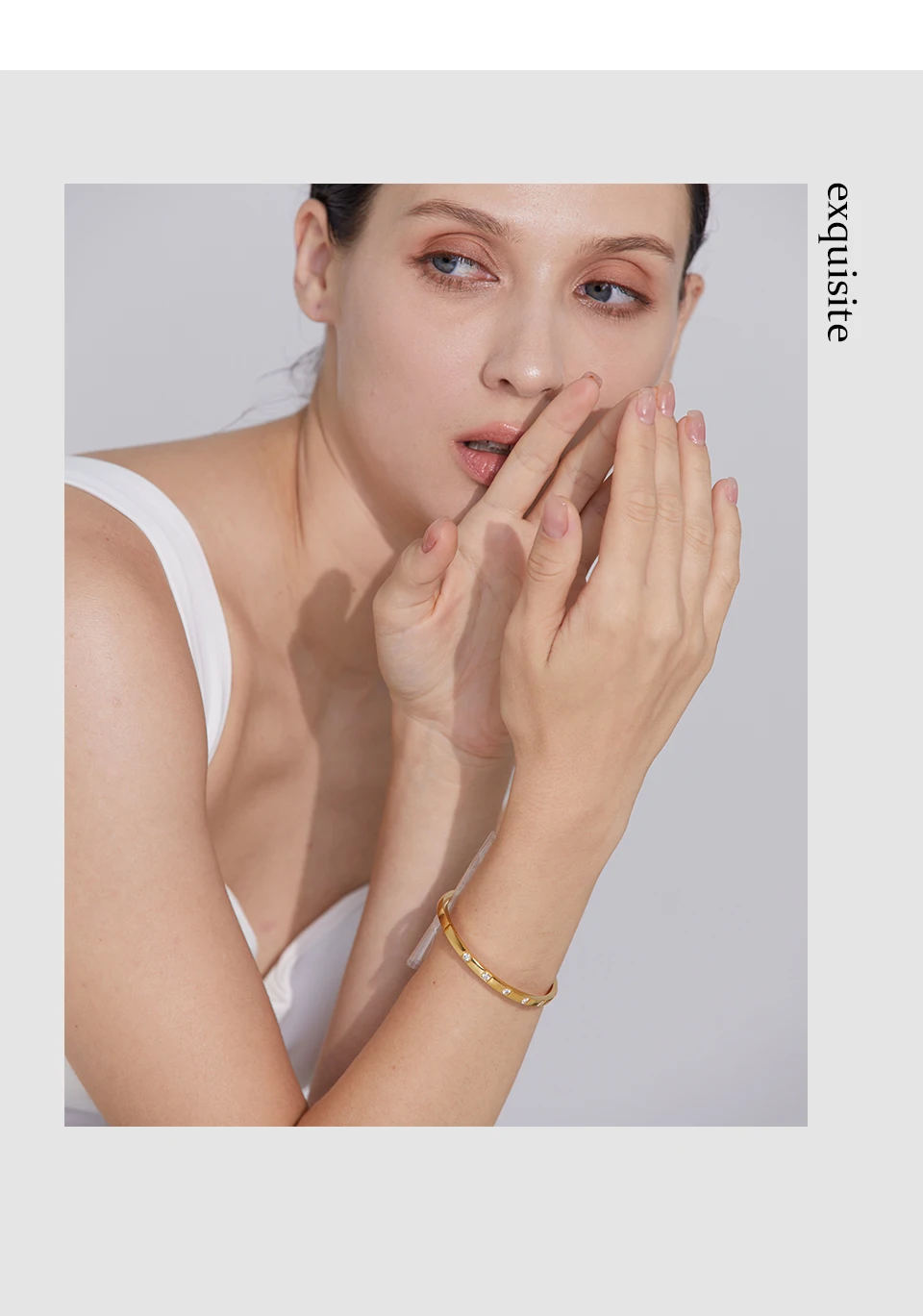 Yhpup Stilvoller Armreif aus Edelstahl mit Zirkonia, 18 Karat vergoldet, wasserdichter Schmuck für Damen, Charm-Mode – Detail 4