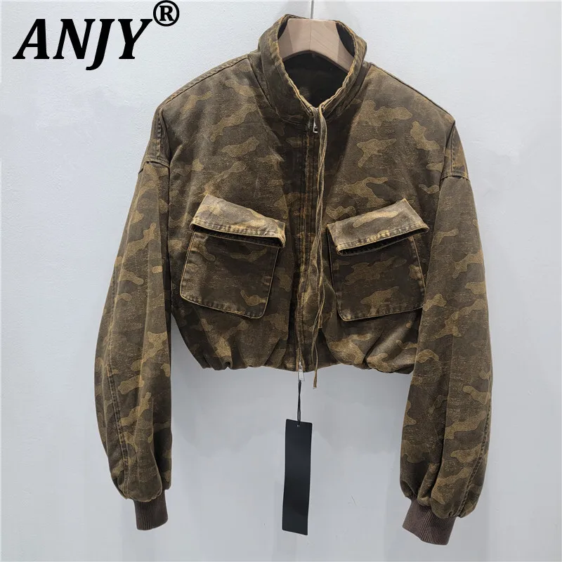 

ANJY осень-зима новая женская американская потертая камуфляжная джинсовая куртка в стиле сафари Tide с большим карманом сверхпрочное короткое пальто A12792