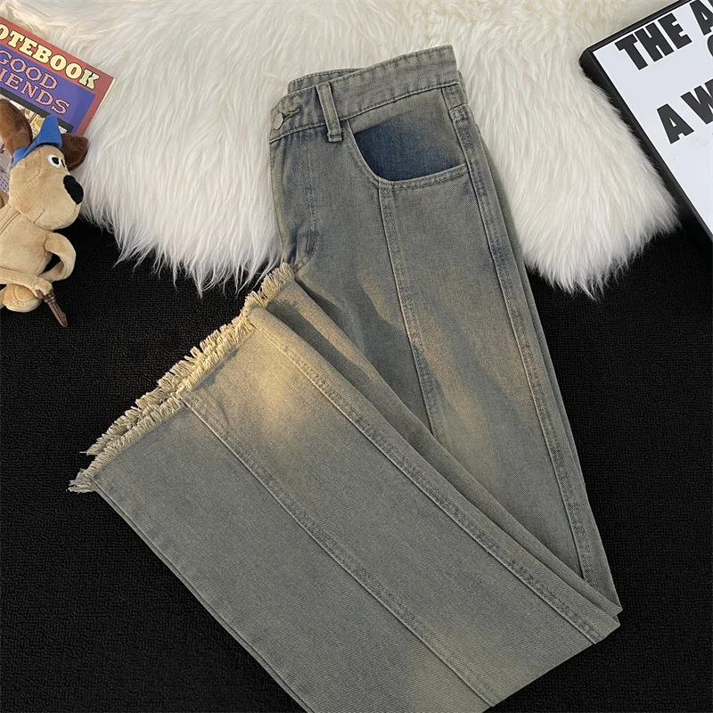 

Retro American Denim Jeans Men's Trendy Brand Frayed Weathered Loose Versatile Wide Leg Pants High Street Casual Flared Long ...
