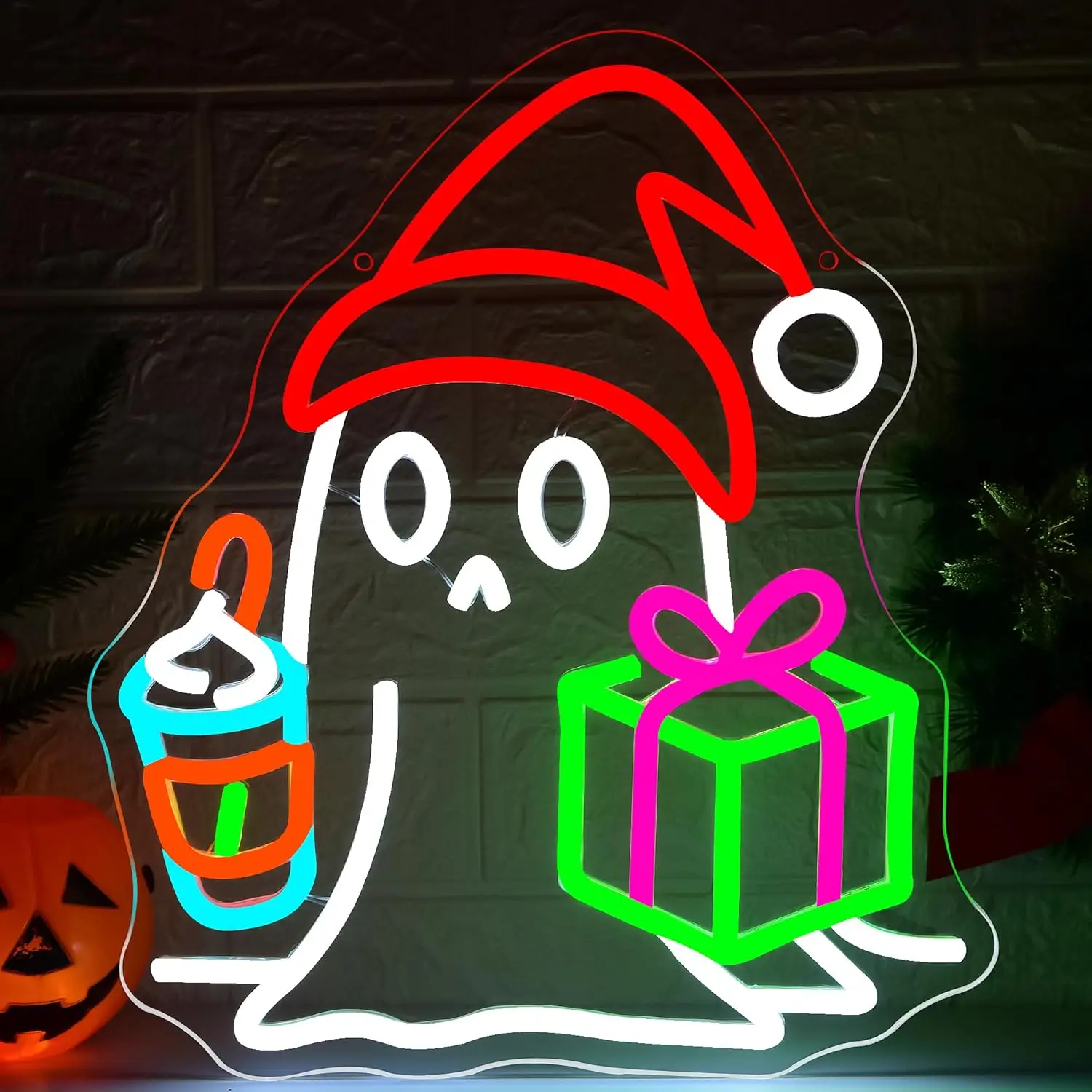 クリスマスネオンサイン-壁飾り用-調光可能ネオンライト-家の窓用-不気味なサイン-パーティーショップ用-室内サンタ帽子飾り