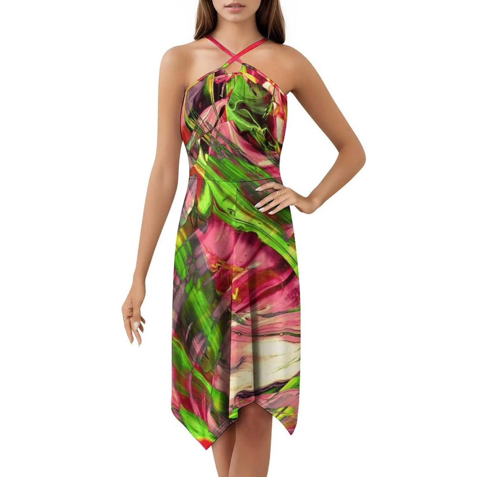 Lukisan Abstrak Berwarna-warni I Gaun Liburan Seksi Untuk Wanita Pesta Pantai Gaun Mini Ulang Tahun Lukisan Abstrak Akrilik