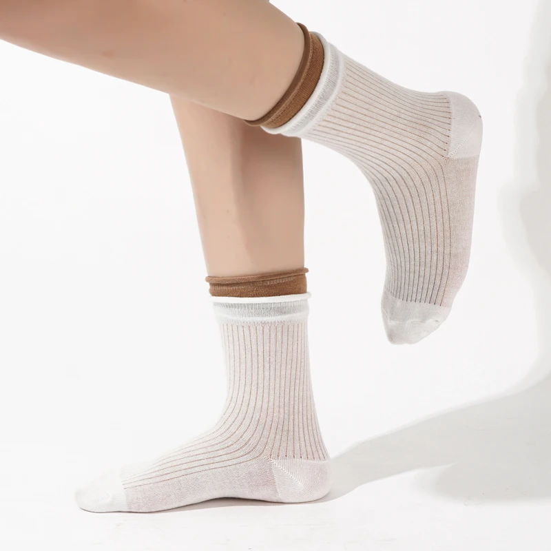 Women\'s Socks New Simple Solid Color Breathable Fake Two Pieces Fashoin Cotton Socks Striped Comfortable Autumn Middle Tube Sock