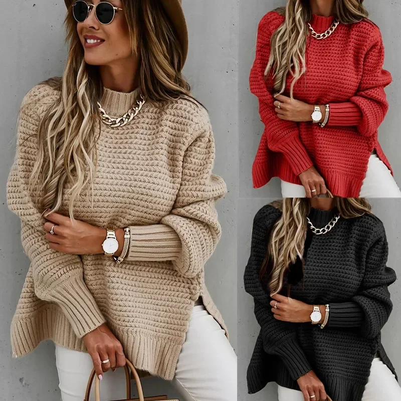 

2023 Winter Women Solid Knitted Side Slit Mock Neck Sweater Winter Long Lantern Sleeve Basic Pullover Casual Female Loose Tops