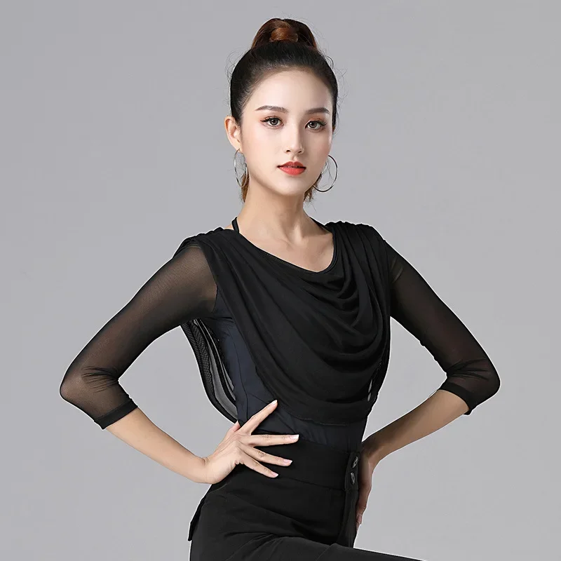 Top de baile para mujer, Ropa de baile latino de salón, línea de borlas con volantes, tops de vals modernos, disfraz de competición de práctica chacha