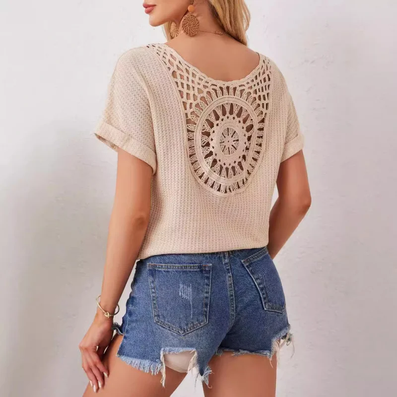 

2025New Elegant StyleVFashionable Lace Batwing Sleeve with Hollow Back and Spliced DesignTT-shirt Women's Clothing